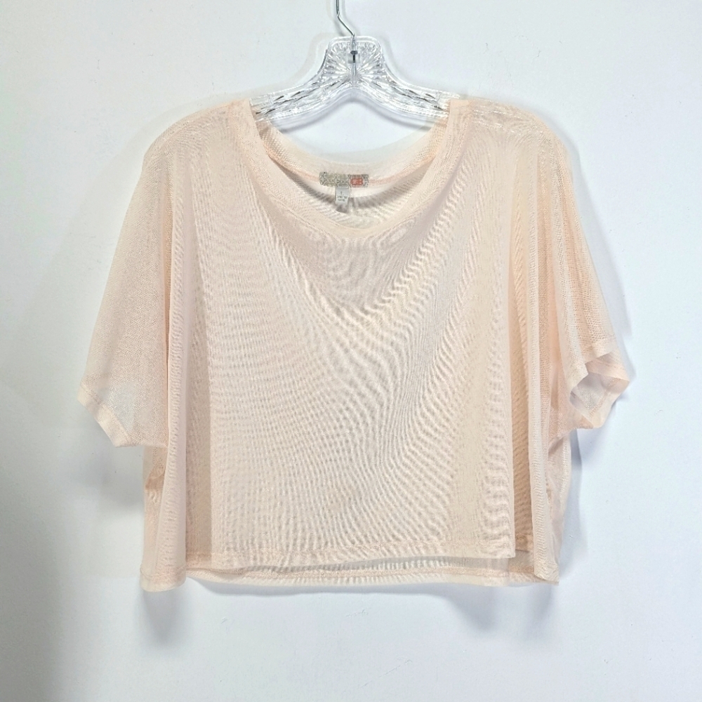 GB Pink Peach Sheer Mesh Oversized Cropped Top Baby Tee L Layering